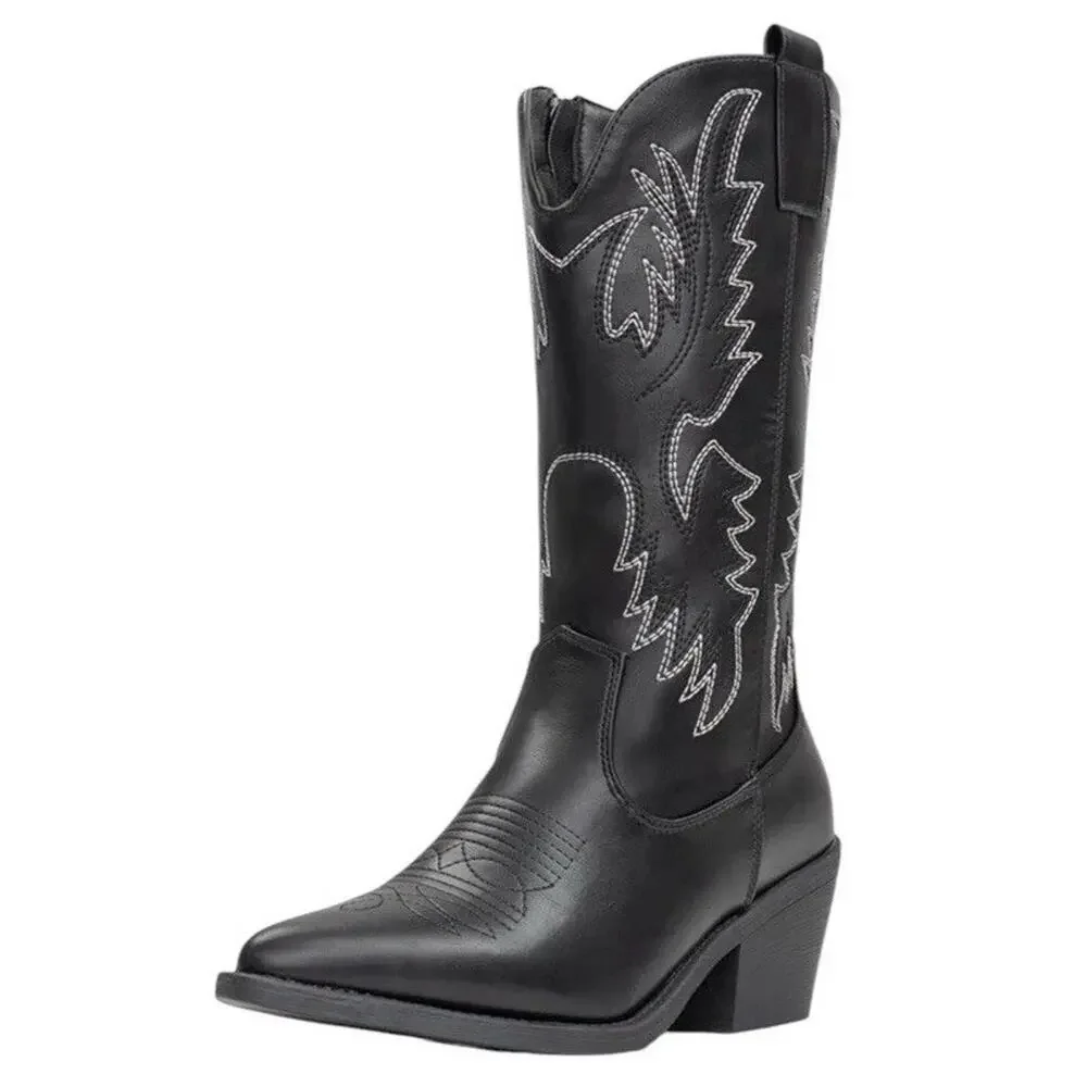IUV Women’s Size 10 Black Leather Cowboy Cowgirl Boots Embroidered Pointy Toe